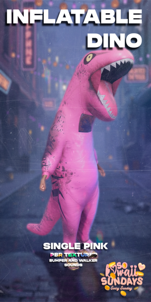 Inflatable Dino Costume - no fits listed	&lt;a href=&quot;https://maps.secondlife.com/secondlife/Fang/92/95/2751&quot; target=&quot;_blank&quot;&gt;Teleport&lt;/a&gt;