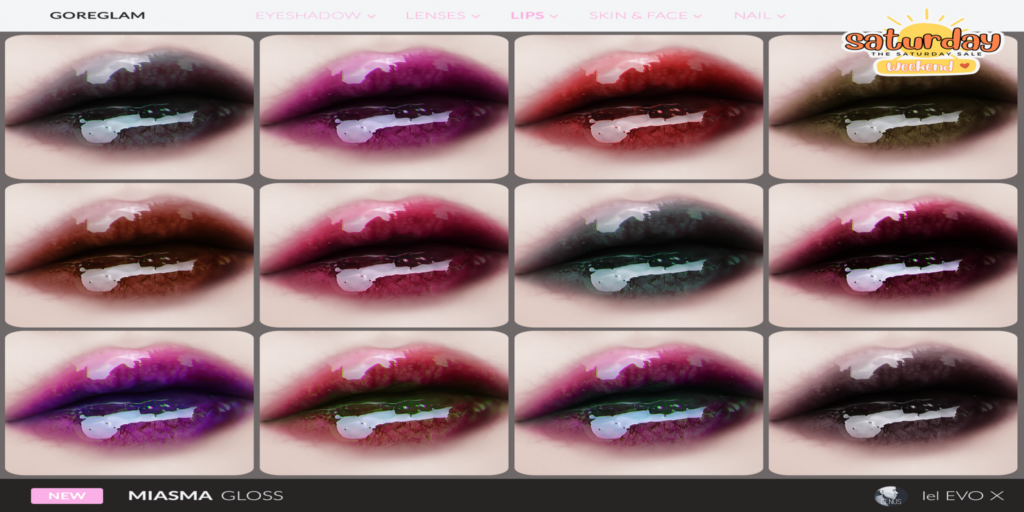 Miasma Gloss Lipstick - EvoX	&lt;a href=&quot;http://maps.secondlife.com/secondlife/Hidden%20Village/41/43/788&quot; target=&quot;_blank&quot;&gt;Teleport&lt;/a&gt;