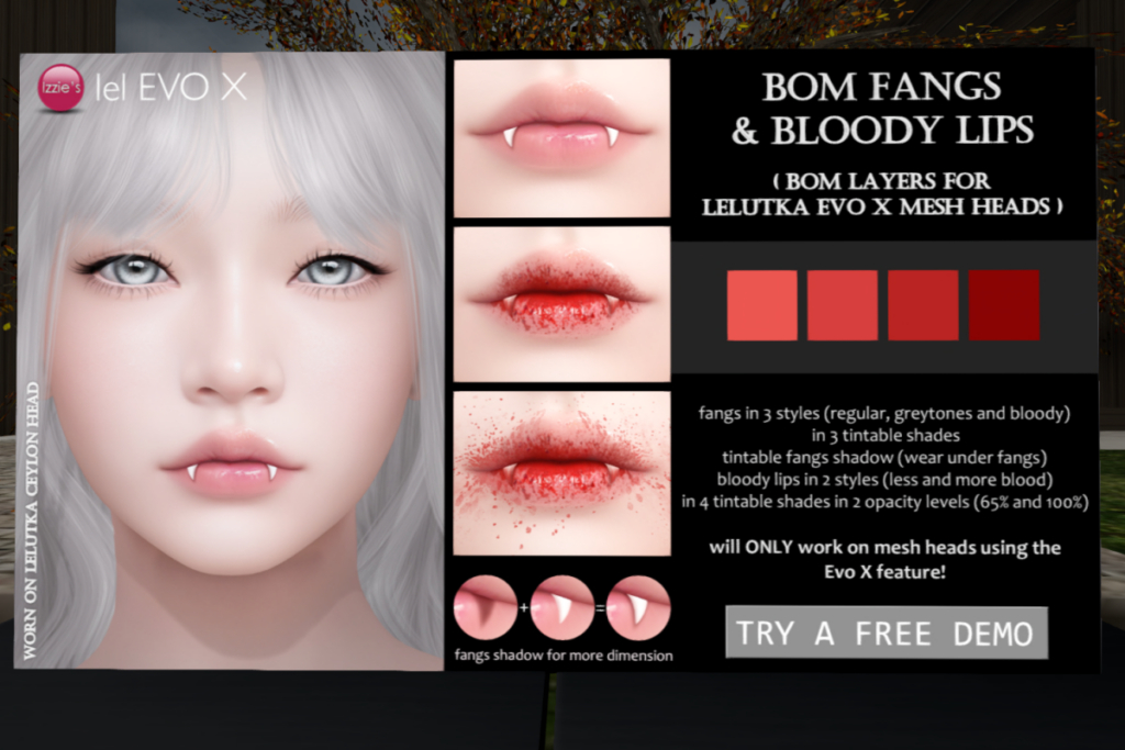 BOM Fangs &amp; Bloody Lips - EvoX	&lt;a href=&quot;http://maps.secondlife.com/secondlife/Izzies/96/119/31&quot; target=&quot;_blank&quot;&gt;Teleport&lt;/a&gt;
