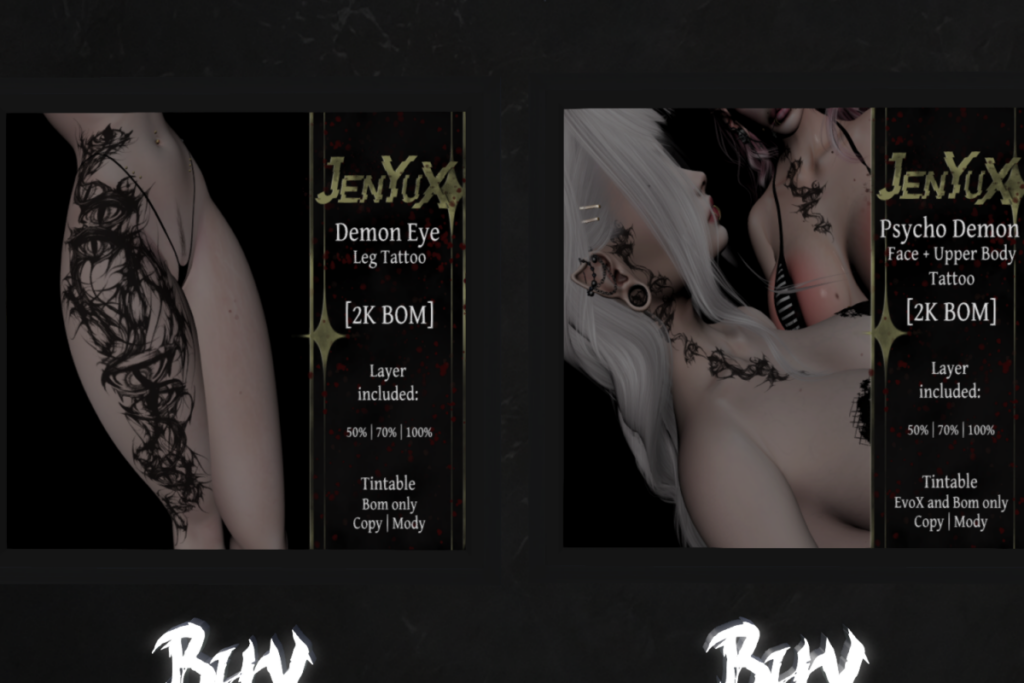 Demon Eye Leg Tattoo - BOM, L$99 | Psycho Demon Face + Upper Body Tattoo - EvoX, L$99