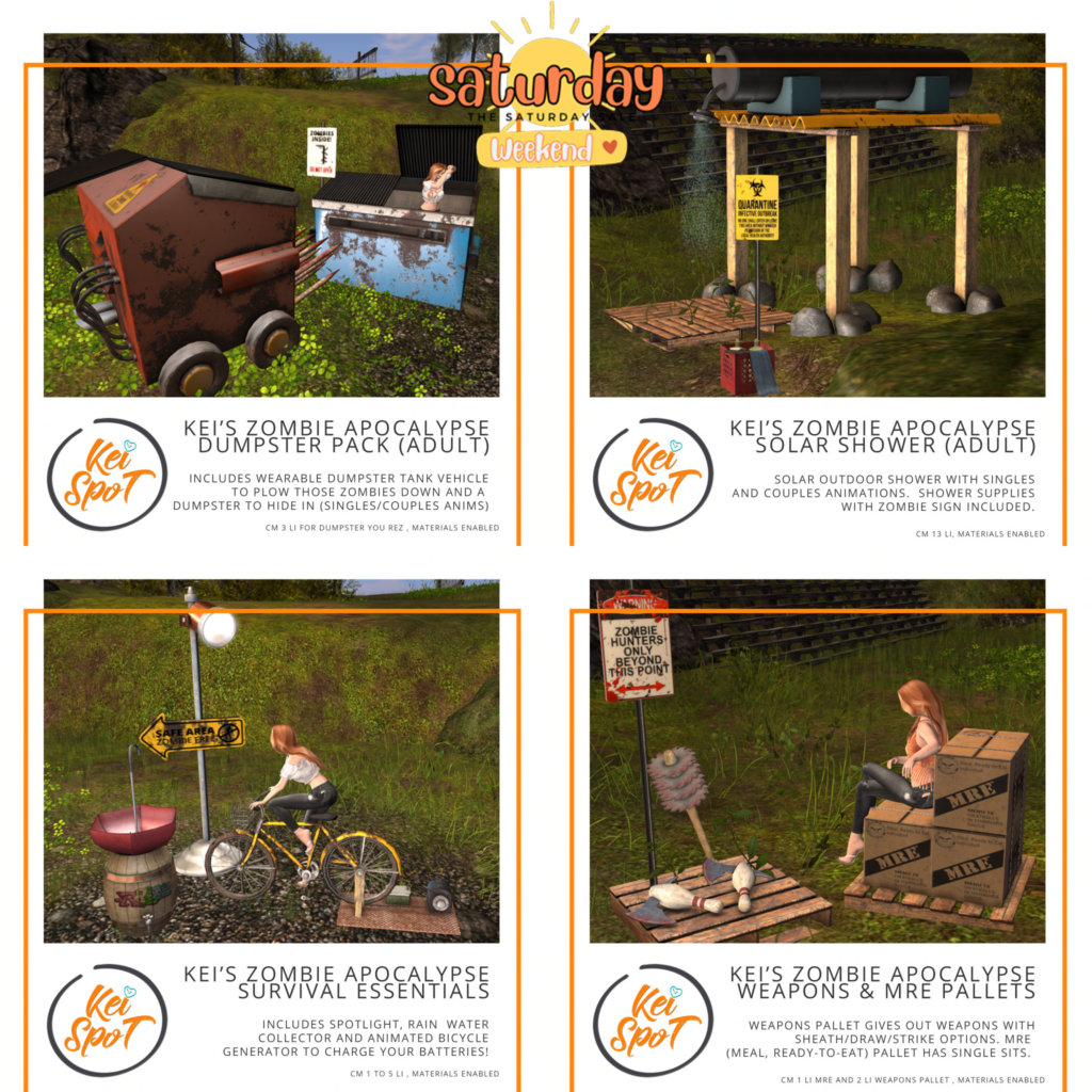 Zombie Apocalypse Dumpster | Zombie Apocalypse Solar Shower | Zombie Apocalypse Survival Essentials | Zombie Apocalypse Weapons &amp; MRE Pallets	&lt;a href=&quot;http://maps.secondlife.com/secondlife/Hardrada/90/104/3801&quot; target=&quot;_blank&quot;&gt;Teleport&lt;/a&gt;