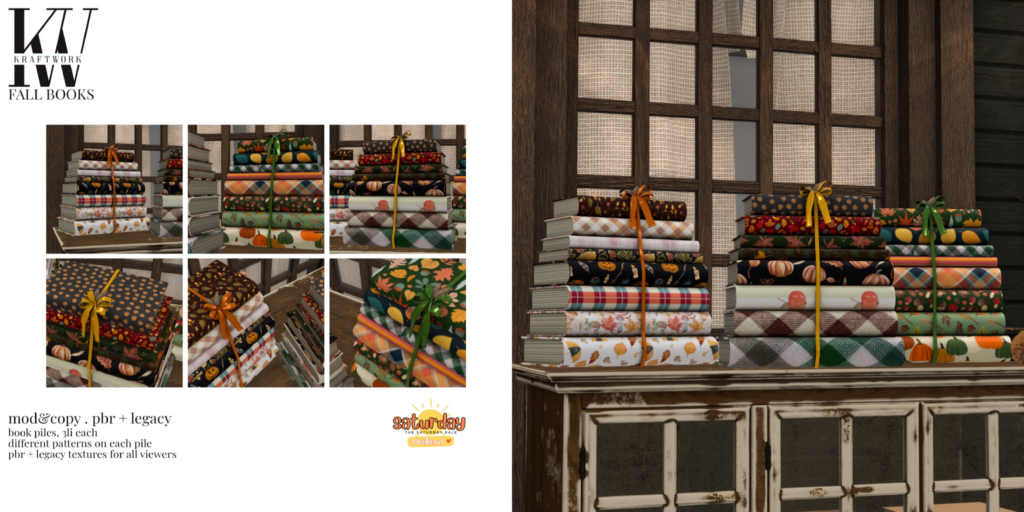 Fall Books Decor Set	&lt;a href=&quot;http://maps.secondlife.com/secondlife/KraftWork/230/122/21&quot; target=&quot;_blank&quot;&gt;Teleport&lt;/a&gt;
