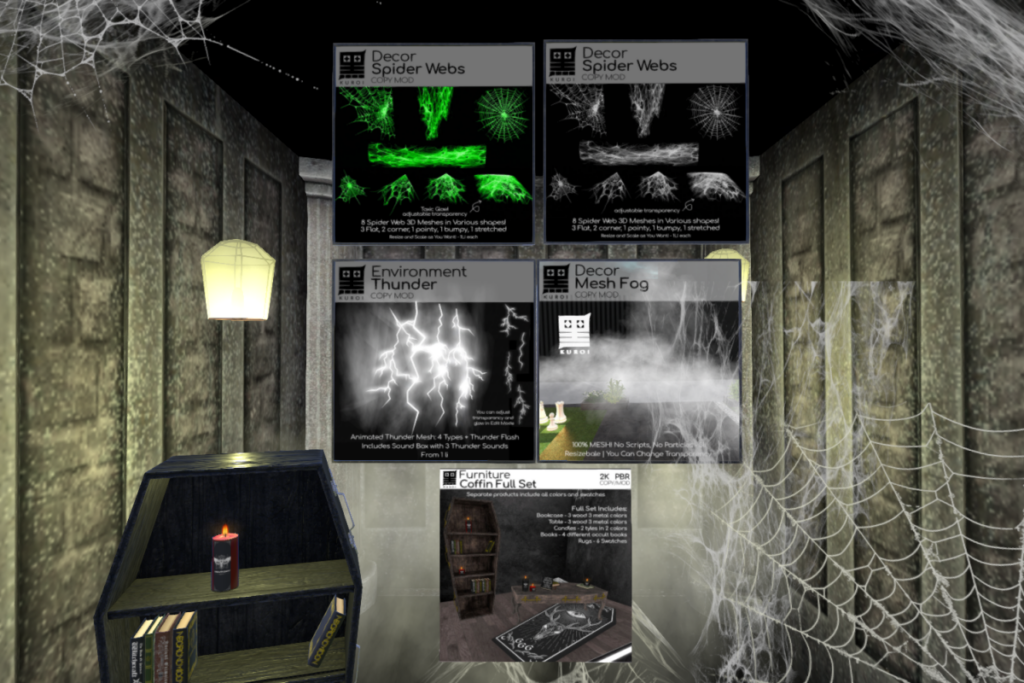 Toxic Spider Webs, White Spider Webs, Thunder Environment, Mesh Fog and Coffin Decor Full Set, L$99 each