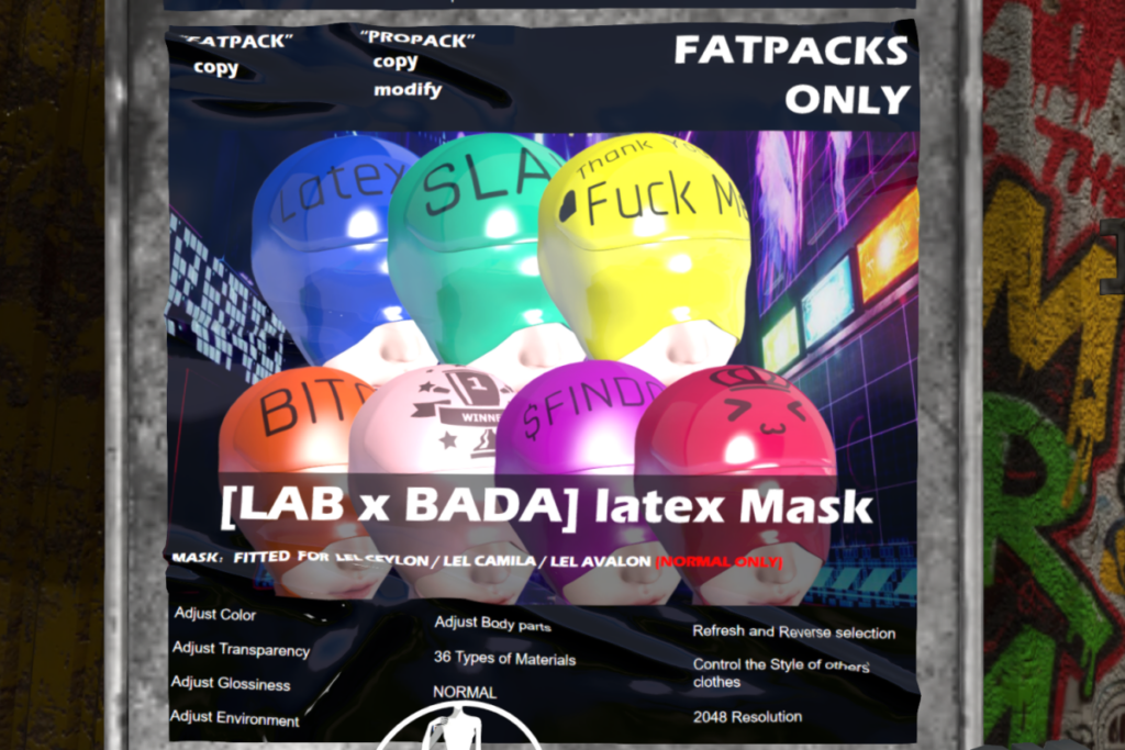 Latex Mask - EvoX Avalon/EvoX Camilla/EvoX Ceylon, L$399-L$599 each FP |  Latex Bodysuit + Mask, L$2599-L$3299 each MP