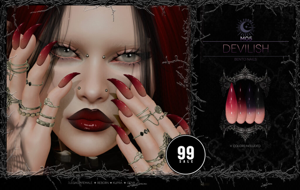 M05 Devilish Nails - GenX/Inithium/Legacy/Reborn	&lt;a href=&quot;http://maps.secondlife.com/secondlife/Flamingo%20District/208/76/2203&quot; target=&quot;_blank&quot;&gt;Teleport&lt;/a&gt;