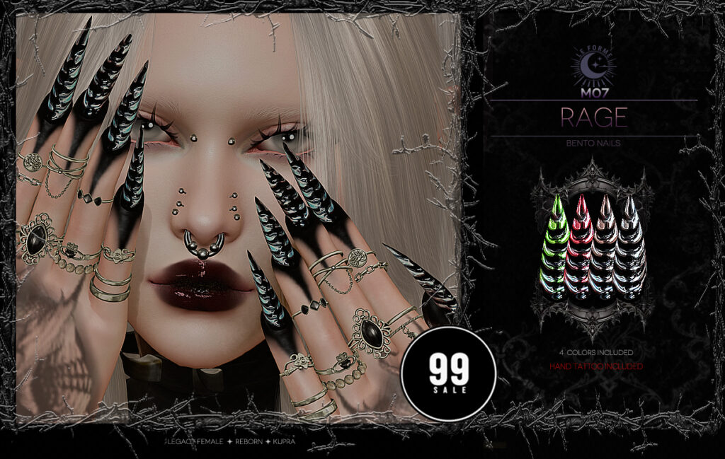 M07 Rage Nails - Inithium/Legacy/Reborn	&lt;a href=&quot;http://maps.secondlife.com/secondlife/Flamingo%20District/208/76/2203&quot; target=&quot;_blank&quot;&gt;Teleport&lt;/a&gt;