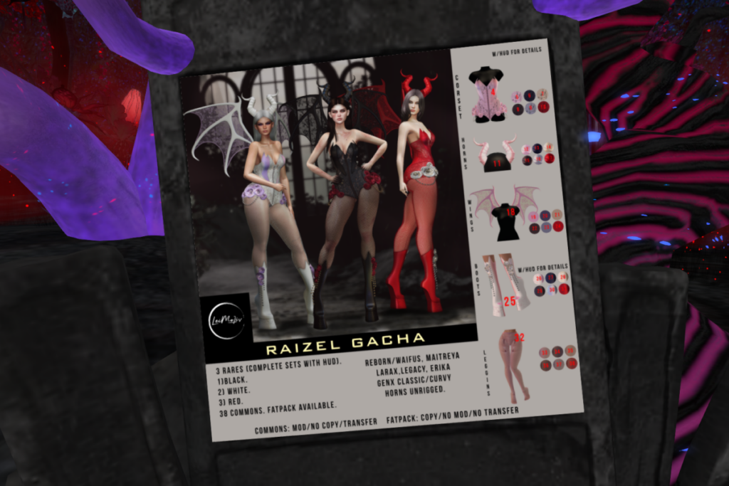 Raizel Set - Erika/GenX/Legacy/Maitreya/Reborn/+mods, L$75 per play/L$3499 FP