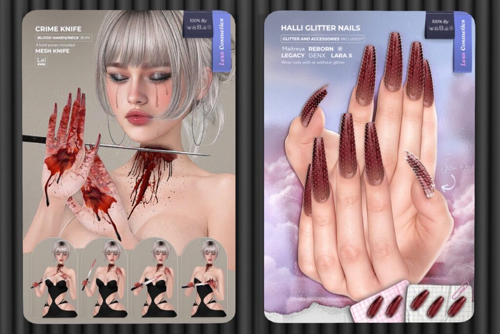 Crime Knife Holdable &amp; Tattoo - EvoX, L$249 FP | Halli Glitter Mesh Nails - GenX/Legacy/Maitreya/Reborn/+mods, L$199