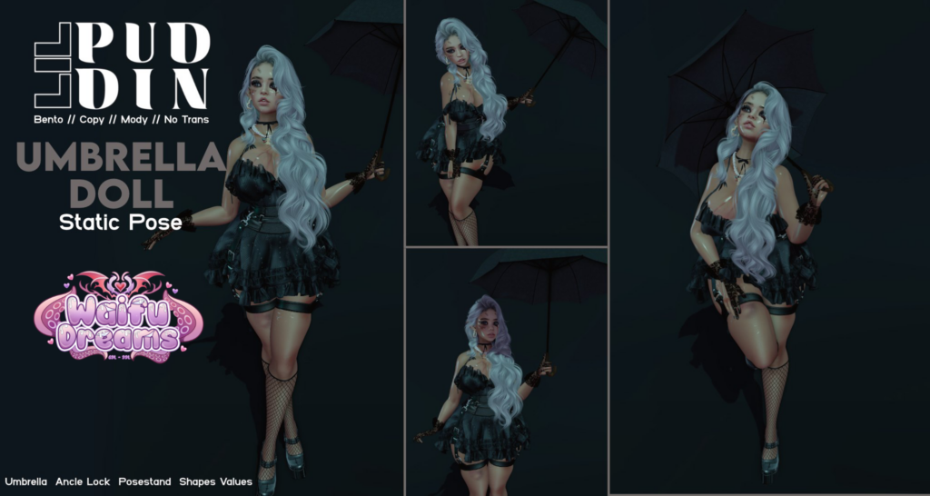 Umbrella Doll Poses with Prop	&lt;a href=&quot;http://maps.secondlife.com/secondlife/xLUMINOUS%20HALLWAYx/160/207/21&quot; target=&quot;_blank&quot;&gt;Teleport&lt;/a&gt;