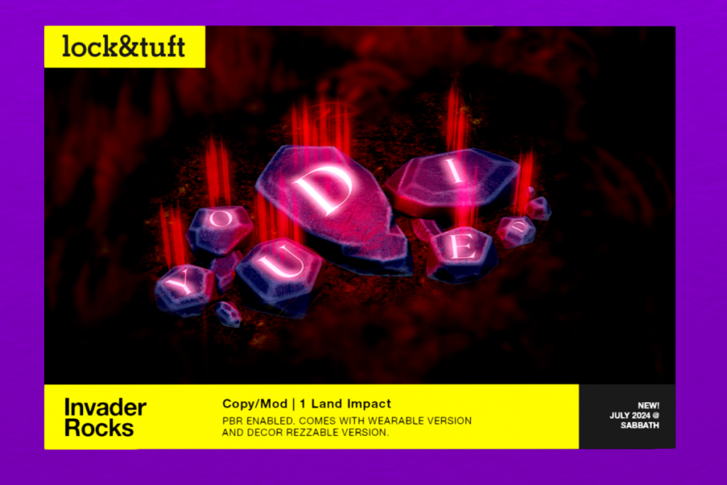 Invader Rocks	&lt;a href=&quot;http://maps.secondlife.com/secondlife/Oblivion/18/33/1338&quot; target=&quot;_blank&quot;&gt;Teleport&lt;/a&gt;