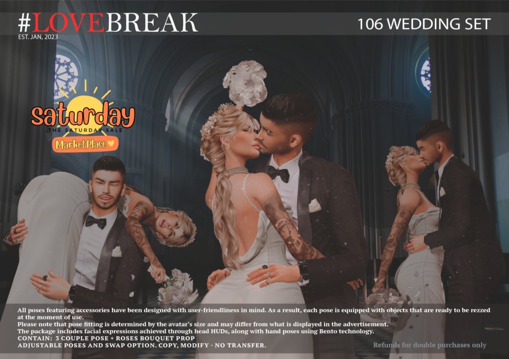 106 Wedding Pose Set &amp; Props	&lt;a href=&quot;https://tinyurl.com/2s3u3tn8&quot; target=&quot;_blank&quot;&gt;Marketplace Link&lt;/a&gt;