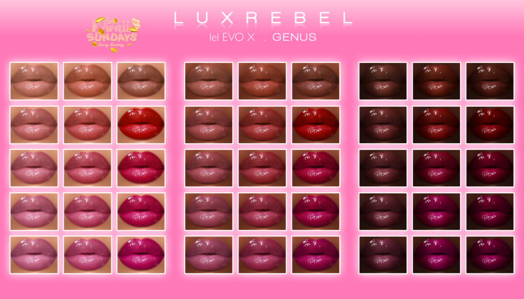 Lipgloss #4 - EvoX/Genus	&lt;a href=&quot;http://maps.secondlife.com/secondlife/Sacred%20Woods/113/230/2802&quot; target=&quot;_blank&quot;&gt;Teleport&lt;/a&gt;