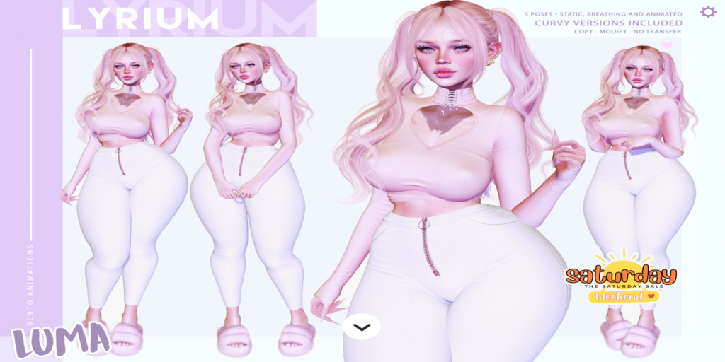 Luma Poses	&lt;a href=&quot;https://maps.secondlife.com/secondlife/Lunar%20and%20Friends/161/89/19&quot; target=&quot;_blank&quot;&gt;Teleport&lt;/a&gt;