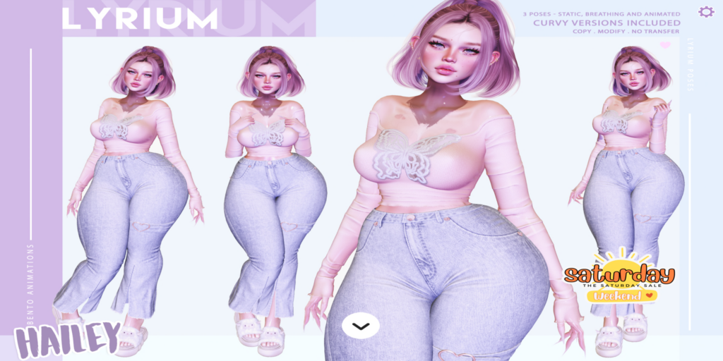 Hailey Poses	&lt;a href=&quot;https://maps.secondlife.com/secondlife/Lunar%20and%20Friends/161/89/19&quot; target=&quot;_blank&quot;&gt;Teleport&lt;/a&gt;