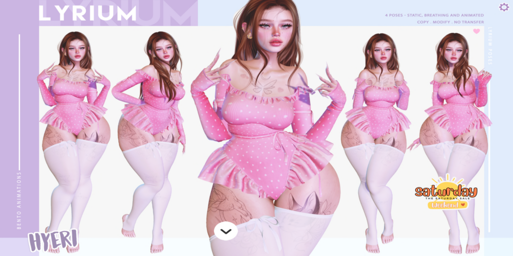 Hyeri Poses	&lt;a href=&quot;https://maps.secondlife.com/secondlife/Lunar%20and%20Friends/161/89/19&quot; target=&quot;_blank&quot;&gt;Teleport&lt;/a&gt;