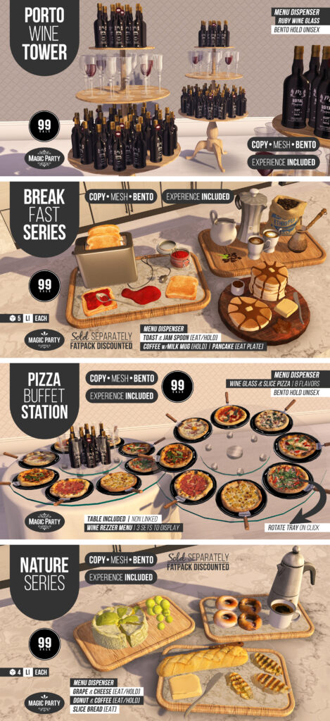 Porto Wine Tower | Breakfast Series | Pizza Buffet Station | Nature Series	&lt;a href=&quot;http://maps.secondlife.com/secondlife/Amber%20Cove/180/240/25&quot; target=&quot;_blank&quot;&gt;Teleport&lt;/a&gt;
