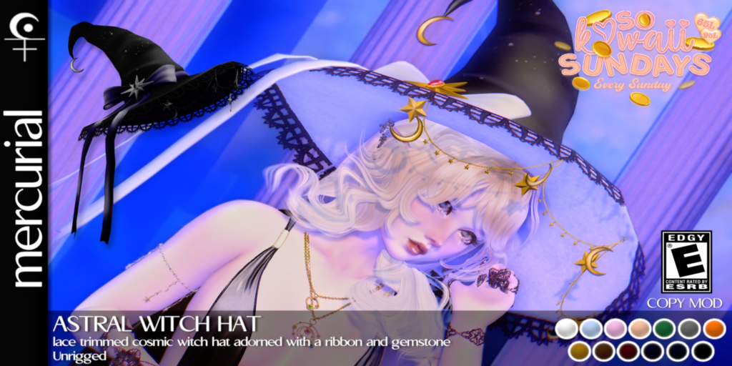 Astral Witch Hat	&lt;a href=&quot;http://maps.secondlife.com/secondlife/Embrace%20the%20Ocean/111/171/1096&quot; target=&quot;_blank&quot;&gt;Teleport&lt;/a&gt;