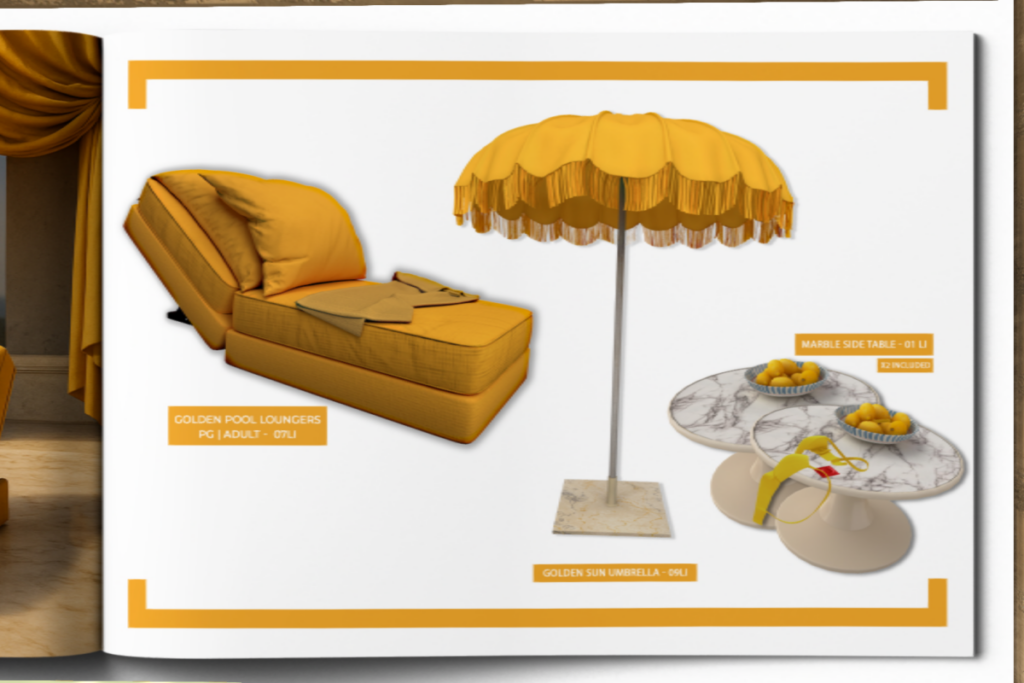 Golden Riviera Set, L$269-L$669 each/L$1499 FP