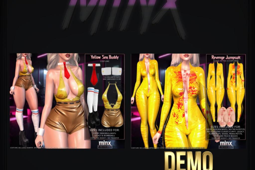 Yellow Sea Buddy Costume - Legacy/Reborn/+mods, L$99 | Revenge Jumpsuit Costume - GenX/Inithium/Legacy/Maitreya/Peach/Prima/Reborn/Star/+mods, L$99