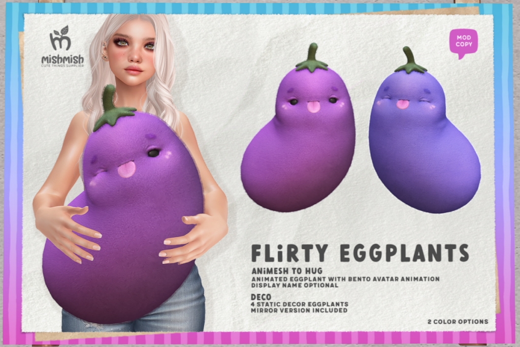 Flirty Eggplants Holdable Plush &amp; Decor, L$200-L$250 each/L$400-L$500 each FP