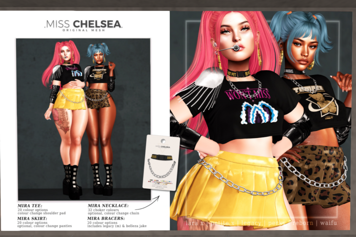 Mira Tee, Skirt, Necklace and Bracers - Legacy/MaitreyaX/Reborn/+mods, L$250 each/L$500-L$1499 each FP/L$2399 MP