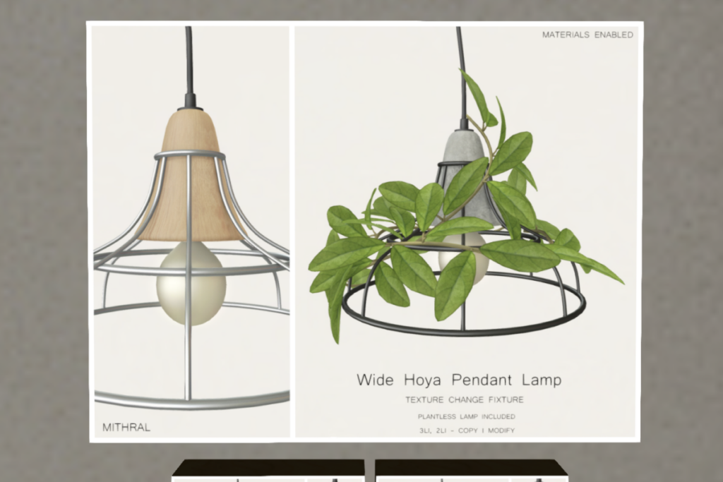 Wide Hoya Pendant Lamp	&lt;a href=&quot;http://maps.secondlife.com/secondlife/Mithral/134/121/21&quot; target=&quot;_blank&quot;&gt;Teleport&lt;/a&gt;