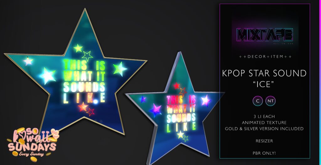 KPop Star Sound Ice Decor	&lt;a href=&quot;http://maps.secondlife.com/secondlife/Lovely%20Day/14/190/25&quot; target=&quot;_blank&quot;&gt;Teleport&lt;/a&gt;