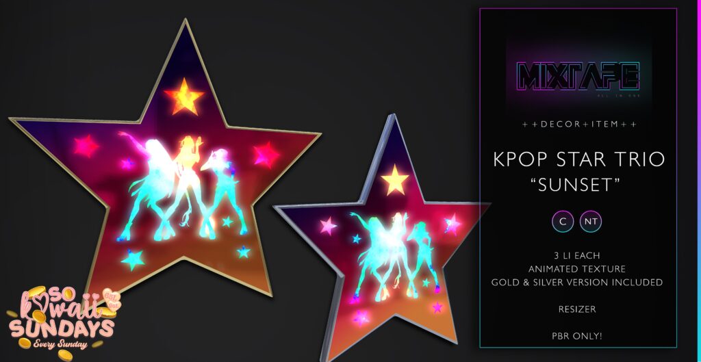 KPop Star Trio Sunset Decor	&lt;a href=&quot;http://maps.secondlife.com/secondlife/Lovely%20Day/14/190/25&quot; target=&quot;_blank&quot;&gt;Teleport&lt;/a&gt;