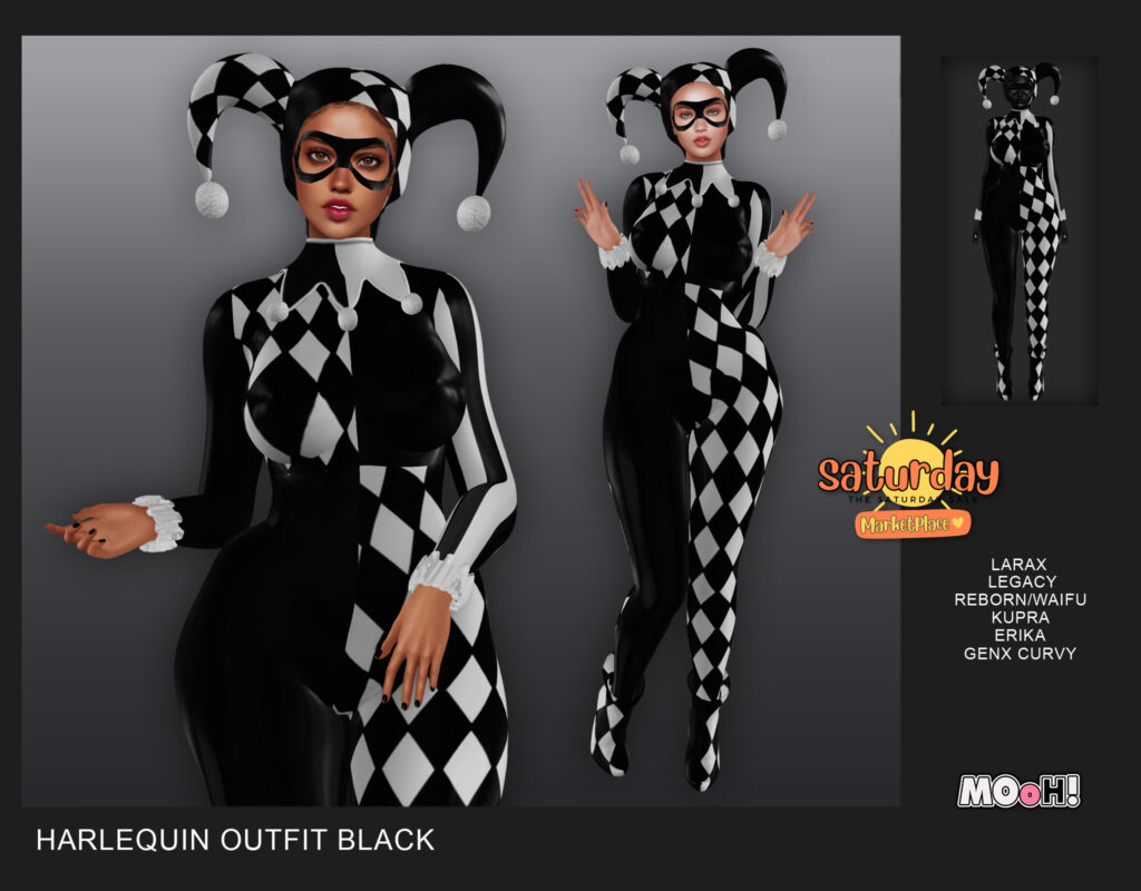 Harlequin Black Outfit - Erika/GenX Curvy/Inithium/Legacy/MaitreyaX/Reborn/+mods	&lt;a href=&quot;https://tinyurl.com/8bdj4nu3&quot; target=&quot;_blank&quot;&gt;Marketplace Link&lt;/a&gt;