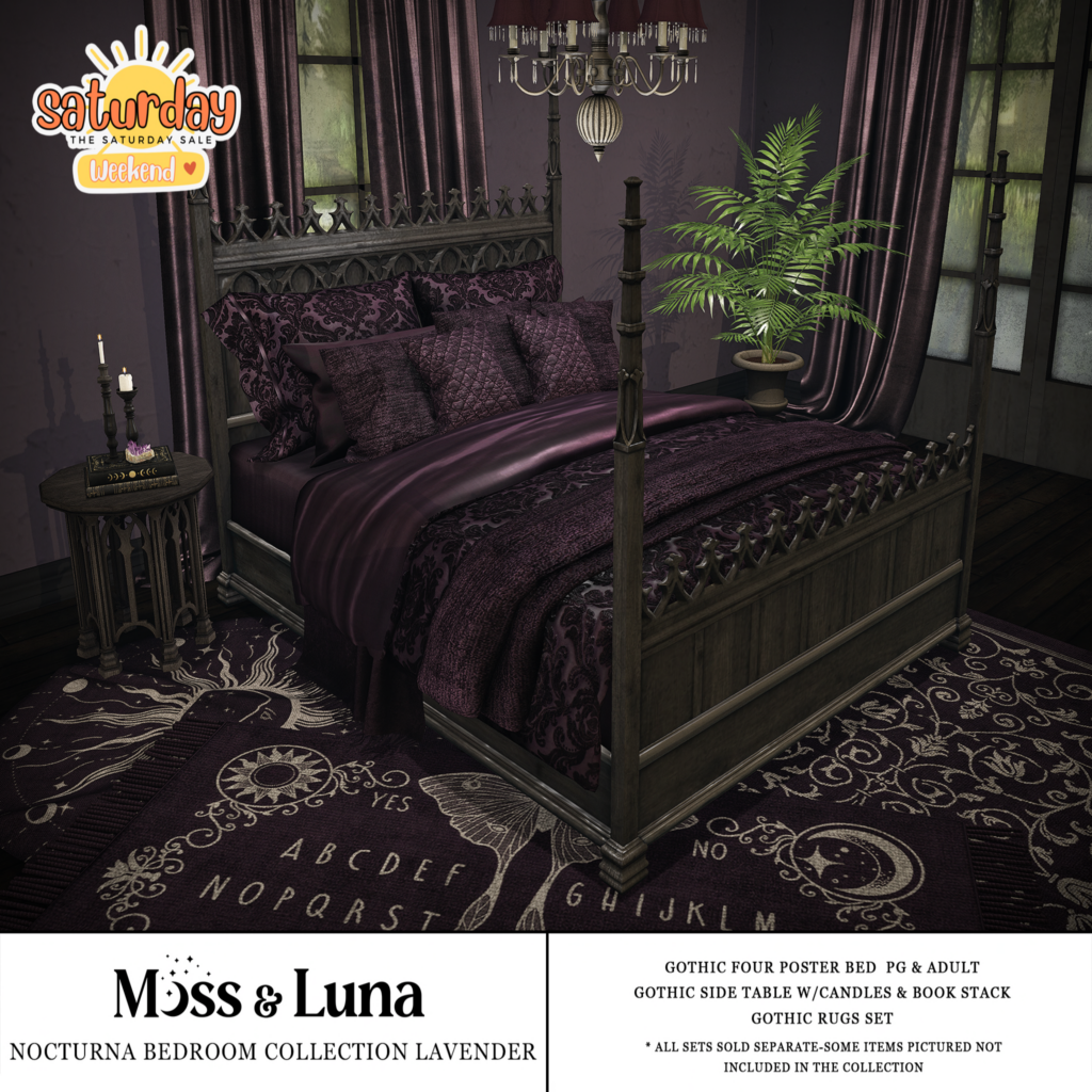 Nocturna Bedroom Collection Lavender	&lt;a href=&quot;http://maps.secondlife.com/secondlife/Desolate/123/57/23&quot; target=&quot;_blank&quot;&gt;Teleport&lt;/a&gt;
