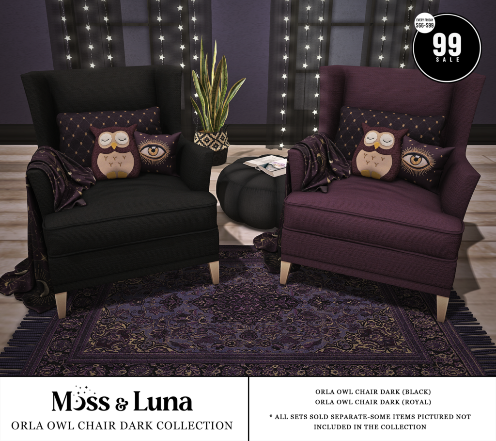 Orla Owl Char Dark Furniture Collection	&lt;a href=&quot;http://maps.secondlife.com/secondlife/Desolate/123/57/23&quot; target=&quot;_blank&quot;&gt;Teleport&lt;/a&gt;