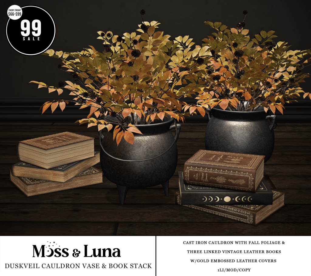 Duskveil Cauldron Vase &amp; Book Stack	&lt;a href=&quot;http://maps.secondlife.com/secondlife/Desolate/123/57/23&quot; target=&quot;_blank&quot;&gt;Teleport&lt;/a&gt;