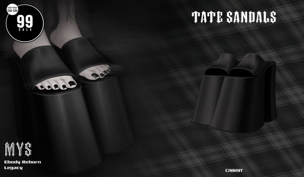 Tate Sandals - Legacy/Reborn	&lt;a href=&quot;http://maps.secondlife.com/secondlife/Phoenix%20Paradise/74/94/1580&quot; target=&quot;_blank&quot;&gt;Teleport&lt;/a&gt;