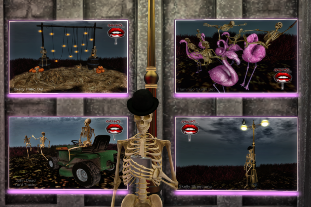 Skelly Hang Out, L$99 | Flamingo Skelly Set, L$99 | John Dead Yard Tractor, L$99 | Skelly Streetlamp, L$99