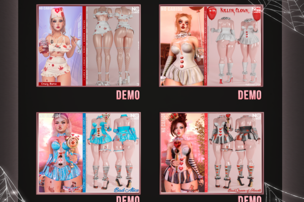 Crazy Nurse, Killer Clown, Bad Alice and Bad Queen of Hearts Costumes - See Ad For Fits, L$99 each