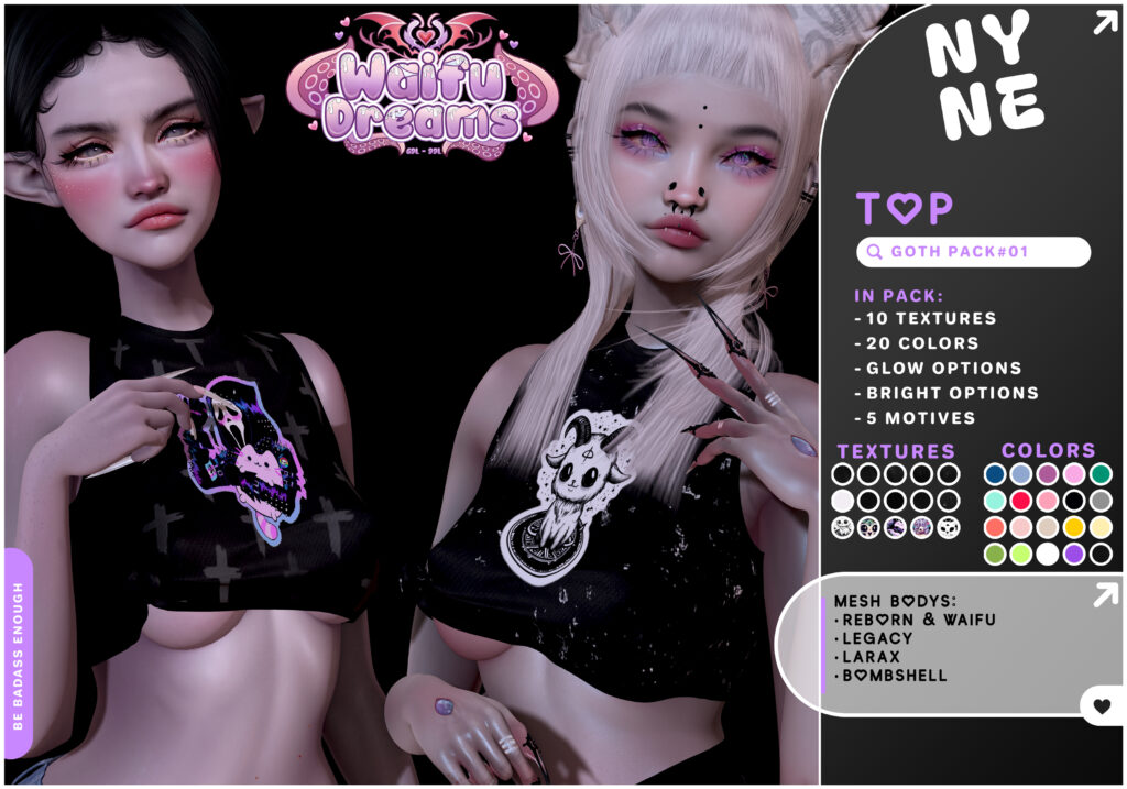 Goth Top Pack #01 - Legacy/MaitreyaX/Reborn/+mods	&lt;a href=&quot;http://maps.secondlife.com/secondlife/xLUMINOUS%20HALLWAYx/137/161/21&quot; target=&quot;_blank&quot;&gt;Teleport&lt;/a&gt;