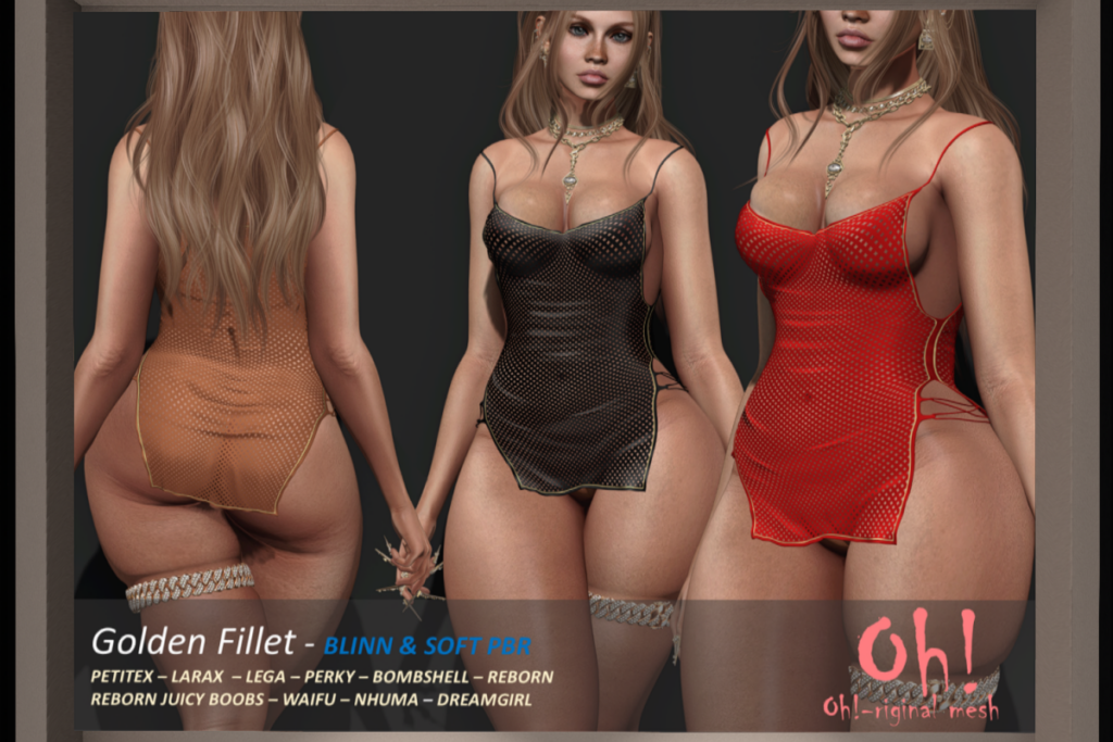 Golden Fillet Dress - Legacy/MaitreyaX/Nhumana/Reborn/+mods, L$699 each/L$1999 FP