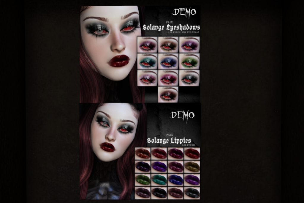 Solange Eyeshadows - EvoX, L$279 | Solange Lippies - EvoX, L$319