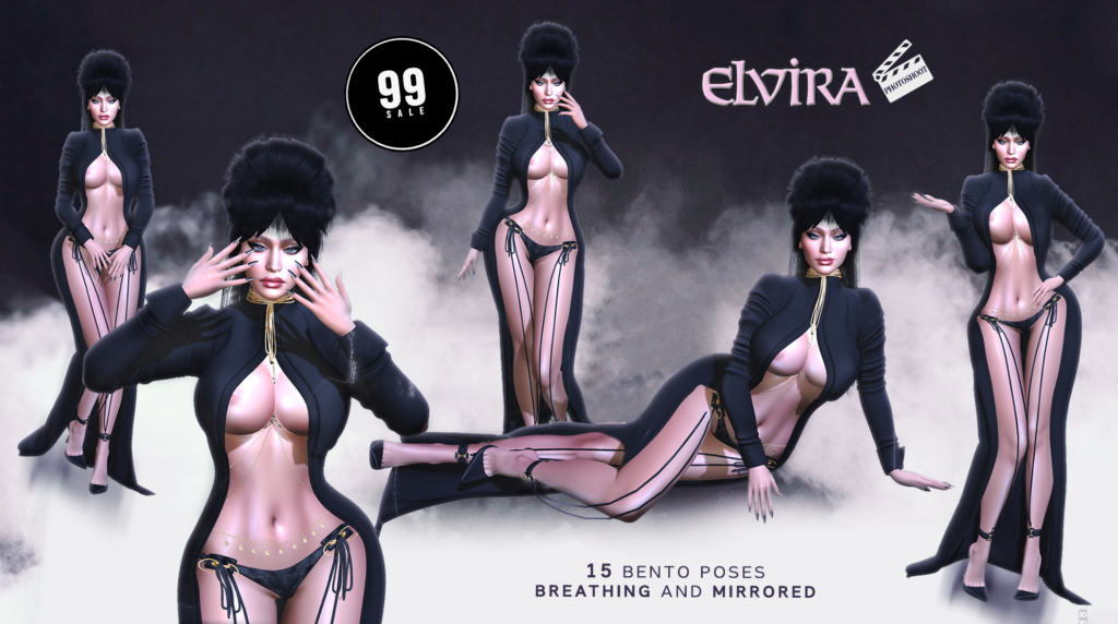 Elvira Poses	&lt;a href=&quot;http://maps.secondlife.com/secondlife/VELOUR/200/203/1965&quot; target=&quot;_blank&quot;&gt;Teleport&lt;/a&gt;