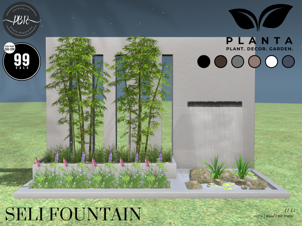 Seli Fountain Decor	&lt;a href=&quot;http://maps.secondlife.com/secondlife/lovers%20islands/199/28/23&quot; target=&quot;_blank&quot;&gt;Teleport&lt;/a&gt;