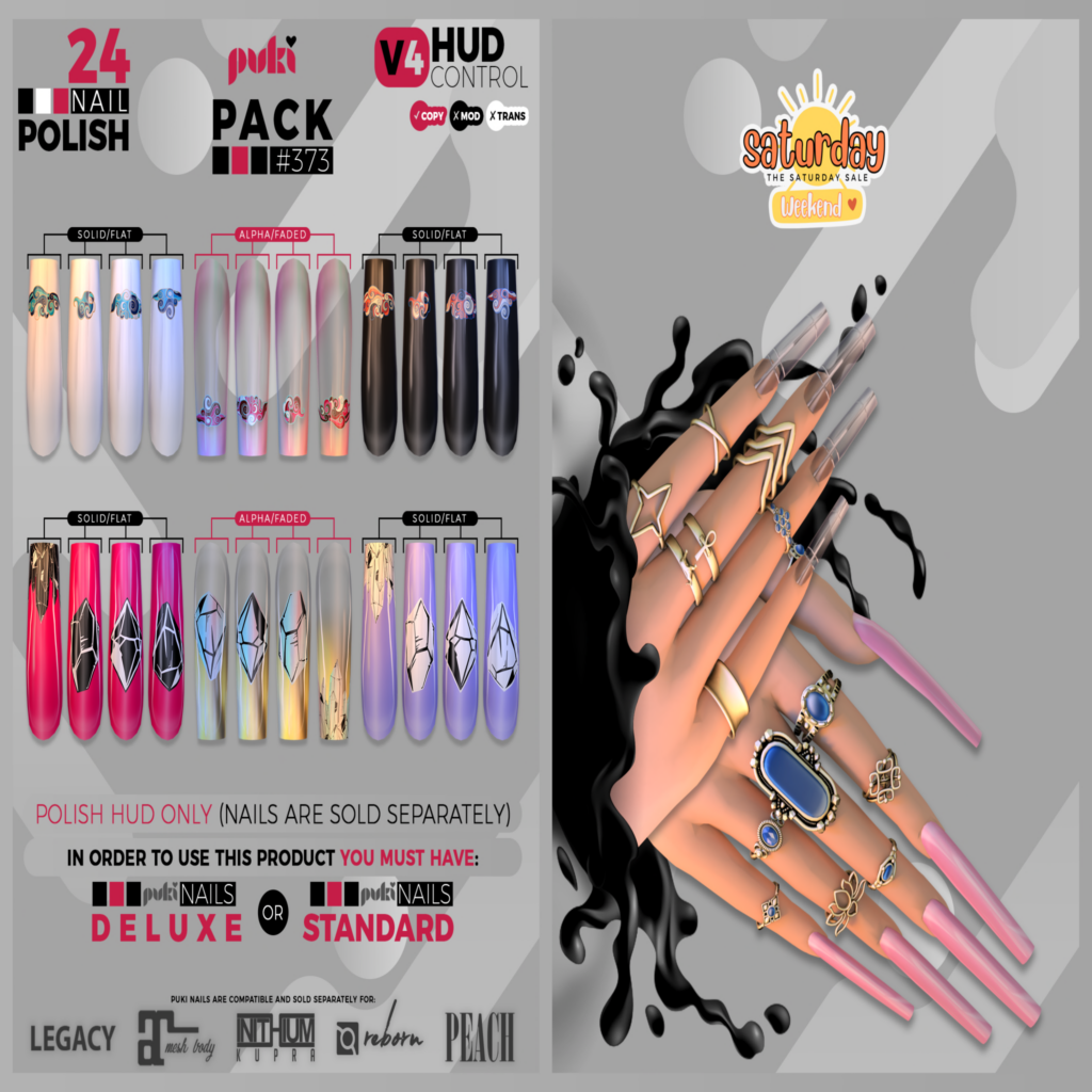 Pack 373 Nail Applier HUD - Puki Deluxe Mesh Nails/Puki Standard Mesh Nails	&lt;a href=&quot;http://maps.secondlife.com/secondlife/The%20Valley/136/226/501&quot; target=&quot;_blank&quot;&gt;Teleport&lt;/a&gt;