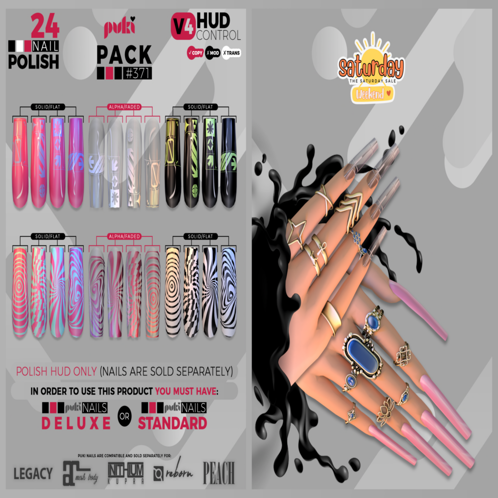Pack 371 Nail Applier HUD - Puki Deluxe Mesh Nails/Puki Standard Mesh Nails	&lt;a href=&quot;http://maps.secondlife.com/secondlife/The%20Valley/136/226/501&quot; target=&quot;_blank&quot;&gt;Teleport&lt;/a&gt;
