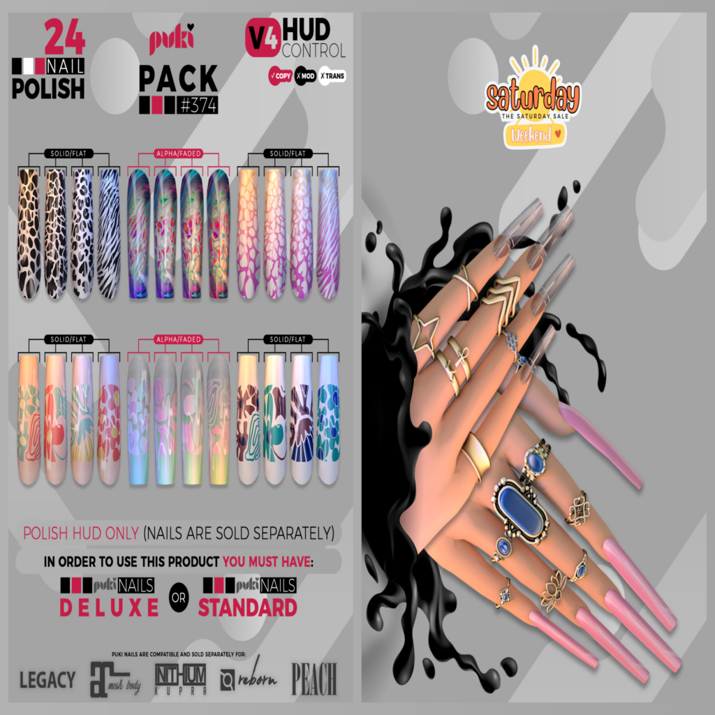 Pack 374 Nail Applier HUD - Puki Deluxe Mesh Nails/Puki Standard Mesh Nails	&lt;a href=&quot;http://maps.secondlife.com/secondlife/The%20Valley/136/226/501&quot; target=&quot;_blank&quot;&gt;Teleport&lt;/a&gt;