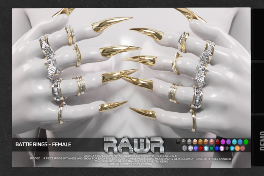 Battle Rings Female - GenX/Inithium/Legacy/Maitreya/Reborn	&lt;a href=&quot;http://maps.secondlife.com/secondlife/RAWR/26/136/21&quot; target=&quot;_blank&quot;&gt;Teleport&lt;/a&gt;