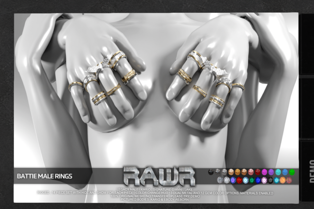 Battle Rings Male - Jake/Gianni/Kario/Legacy	&lt;a href=&quot;http://maps.secondlife.com/secondlife/RAWR/26/136/21&quot; target=&quot;_blank&quot;&gt;Teleport&lt;/a&gt;