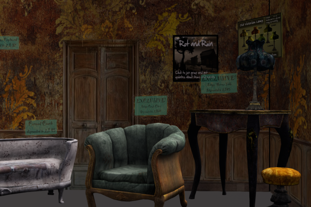 Antique Comfy Chair, L$60 | Old Victorian Lamp, L$45 | Antique Bureau Table, L$45