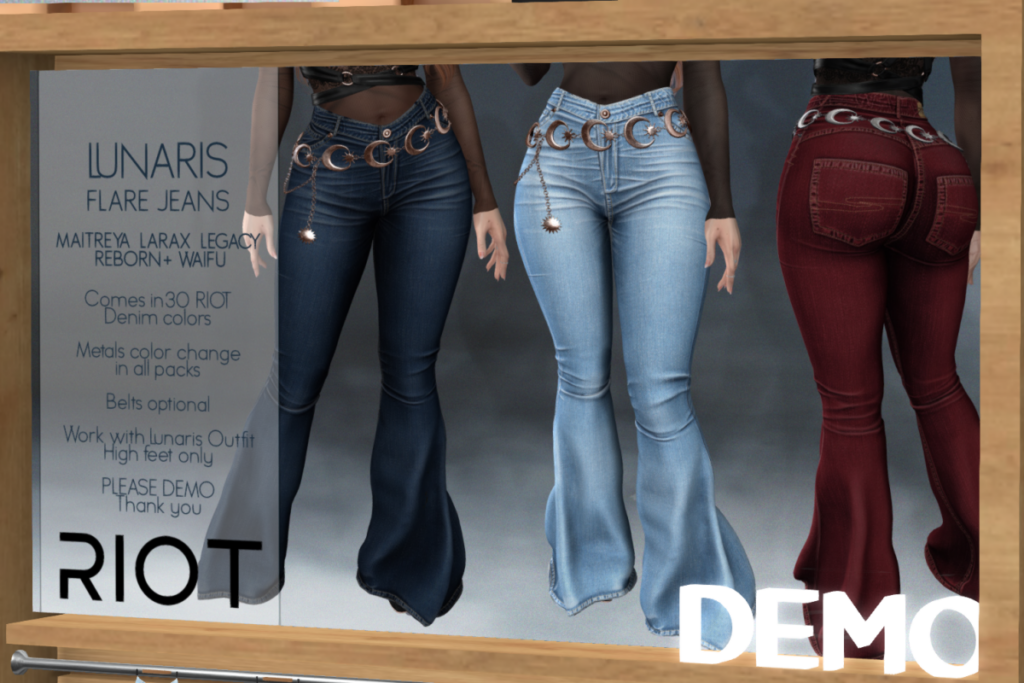 Lunaris Flare Jeans - Legacy/MaitreyaX/Reborn/+mods, L$250 each/L$1299 FP