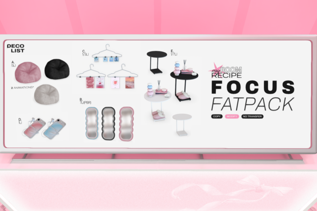 Focus Set, L$199-L$349 each/L$1000 FP