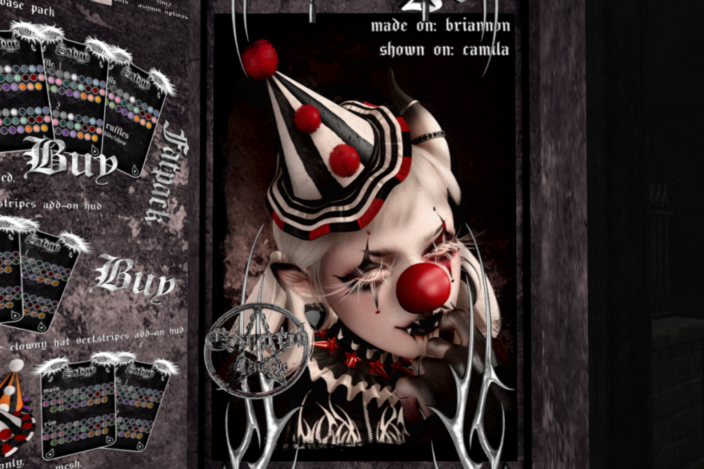 Clowny Shadows - EvoX, L$325 | Clowny Nose and Hats, L$149-L$299 each/L$499 FP | Clowny MegaPack, L$899