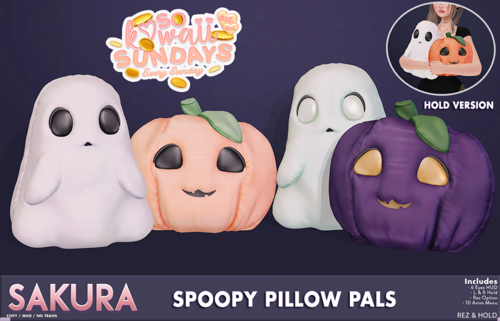 Spoopy Pillow Pals Holdable Plush &amp; Decor	&lt;a href=&quot;http://maps.secondlife.com/secondlife/Domain/122/106/26&quot; target=&quot;_blank&quot;&gt;Teleport&lt;/a&gt;